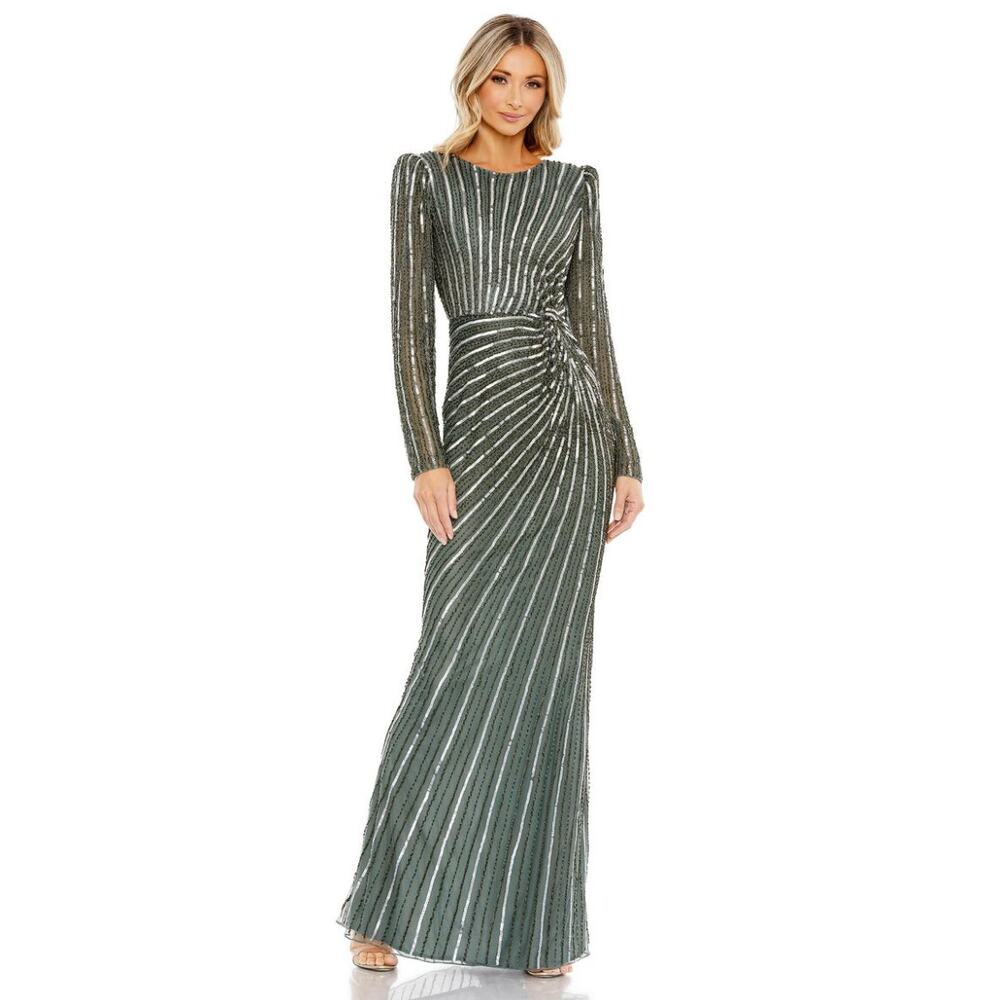 Mac Duggal Embellished Puff Sleeve Side Knot Gown Slate Gray 16